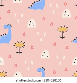 Cute dinosaur pattern - hand drawn childish dinosaur seamless pattern design. Vector illustration