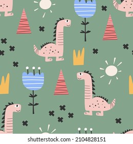 Cute dinosaur pattern - hand drawn childish dinosaur seamless pattern design. Vector illustration