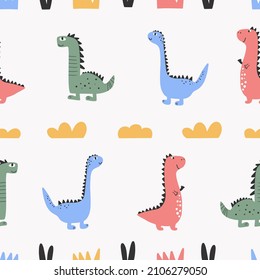 Cute dinosaur pattern - hand drawn childish dinosaur seamless pattern design. Vector illustration