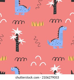 Cute dinosaur pattern - hand drawn childish dinosaur seamless pattern design. Vector illustration