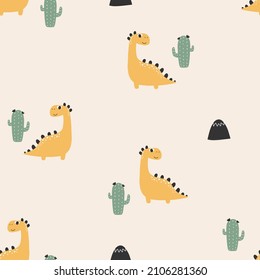 Cute dinosaur pattern - hand drawn childish dinosaur seamless pattern design. Vector illustration