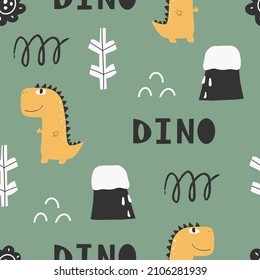 Cute dinosaur pattern - hand drawn childish dinosaur seamless pattern design. Vector illustration