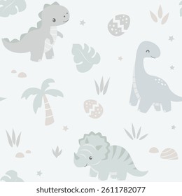 Cute dinosaur pattern. Neutral pastel background. Vector illustration.