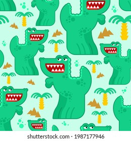 Un patrón de dinosaurios lindo sin fisuras. fondo de dino divertido. Bonito tiranosaurio. Textura de tela de bebé
