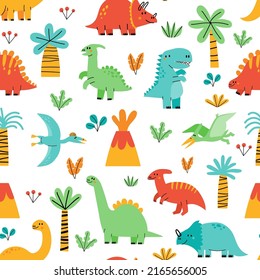 Cute dinosaur pattern. Seamless print of baby dino funny mascot character, childish scandinavian clipart. Vector kids Jurassic animal texture. Magical flying and walking dragons in nature