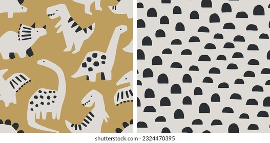 Cute dinosaur pattern set. Hand drawn dinosaurs and geometric abstract pattern. Perfect for kids fabric, textile, nursery wallpaper. Vector illustration.