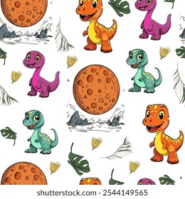 Nettes Dinosauriermuster mit tropischen Blättern auf weißem Hintergrund. Cartoon Dinosaurier und Blätter Nahtloses Muster