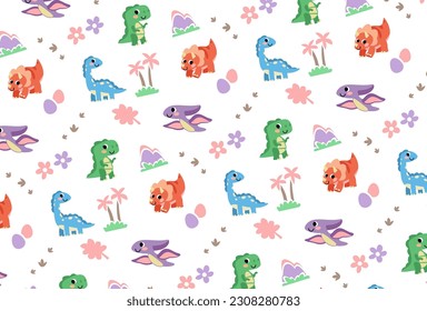 Cute dinosaur pattern vector print kids cartoon baby dinosaurs, stegosaurus, brontosaurus, tyrannosaurus