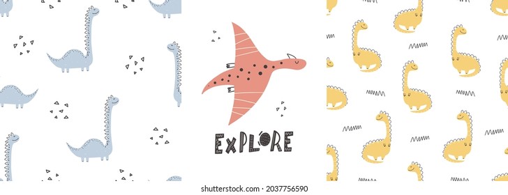 Cute dinosaur patterns with lettering - hand drawn childish dinosaur seamless pattern design. Vector illustration
