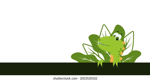 A cute dinosaur peeks out from behind the strip. Children's illustration. 