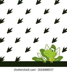 A cute dinosaur peeks out from behind the strip on the background of dinosaur tracks. Children's illustration. 