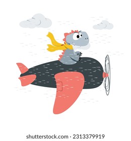 Cute dinosaur with plane, vector design.  Invitations, birthday celebrations and postcards for special occasions. Adorable hand drawn kids dinosaur characters in an airplane.
