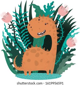 Cute dinosaur in plants. Vector illustration