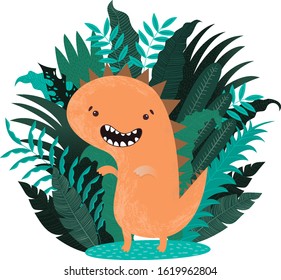 Cute dinosaur in plants. Vector illustration