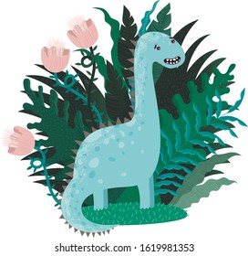 Cute dinosaur in plants. Vector illustration.