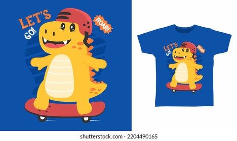 Cute Dinosaur Play Skateboard Cartoon Tshirt Art Design