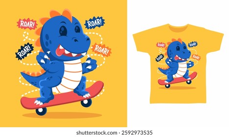 Cute dinosaur play skateboard hand drawn, ready for print on t shirt and other uses