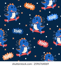 Cute dinosaur play skateboard hand drawn pattern designs for print on fabric and other uses.