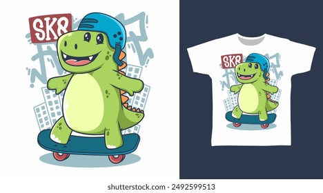 Cute Dinosaur Play Skateboard Vector Illustration T shirt Designs