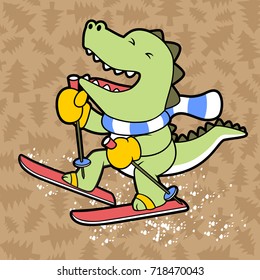 Cute dinosaur play ski on pine trees background pattern, vector cartoon illustration