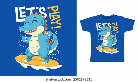 Cute dinosaur play surfing hand drawn, ready for print on t shirt and other uses