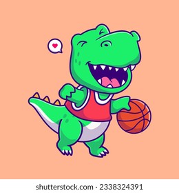 Cute Dinosaur Playing Basketball Cartoon Vector Icon Illustration. Animal Sport Icon Concept Isolated Premium Vector. Flat Cartoon Style