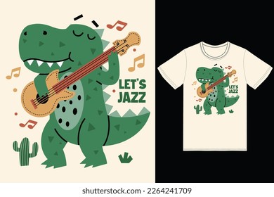 Cute dinosaur playing bass guitar illustration with tshirt design premium vector the Concept of Isolated Technology. Flat Cartoon Style Suitable for Landing Web Pages,T shirt, Flyers, Stickers