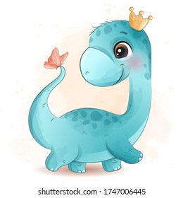 Cute dinosaur playing with butterfly illustration