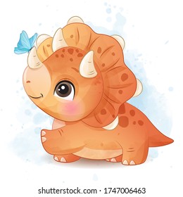 Cute dinosaur playing with butterfly illustration