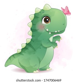 Cute dinosaur playing with butterfly illustration