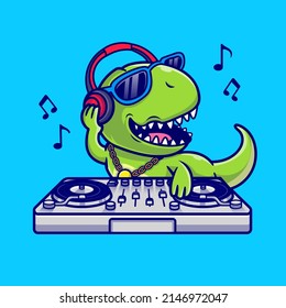 Cute Dinosaur Playing Dj Music Cartoon Vector Icon Illustration. Animal Technology Icon Concept Isolated Premium Vector. Flat Cartoon Style