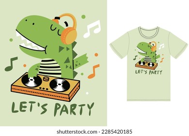 Cute dinosaur playing dj music illustration with tshirt design premium vector the Concept of Isolated Technology. Flat Cartoon Style Suitable for Landing Web Pages,T shirt, Flyers, Stickers