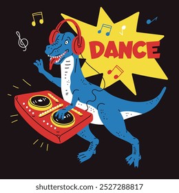 Dinossauro bonito tocando música Dj. Músico de crocodilo engraçado com fones de ouvido e mixer de vinil dj. Colorido Dance vetor poster design fresco. Entretenimento musical