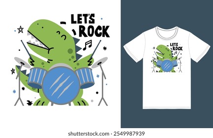 Cute dinosaur playing drums illustration with tshirt design premium vector the Concept of Isolated Technology. Flat Cartoon Style Suitable for Landing Web Pages,T shirt, Flyers, Stickers