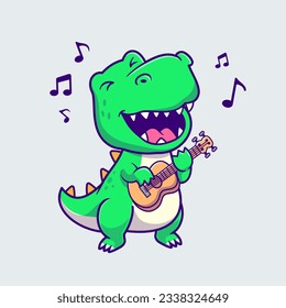 Cute Dinosaur Playing Guitar Cartoon Vector Icon Illustration. Animal Music Icon Concept Isolated Premium Vector. Flat Cartoon Style