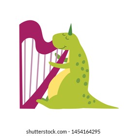 
Cute dinosaur playing harp illustration. T-rex musician character cartoon art isolated on white background