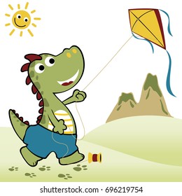Cute dinosaur playing kite on volcanoes background with smiling sun, vector cartoon illustration