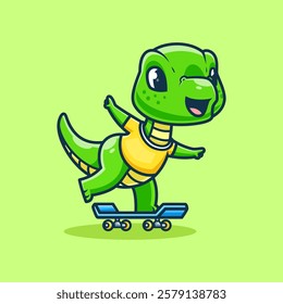 Cute Dinosaur Playing Skateboard Cartoon Vector Icon Illustration. Animal Sport Icon Concept Isolated Premium Vector. Flat Cartoon Style