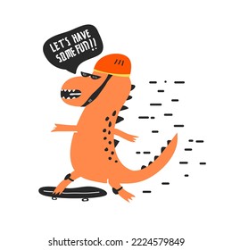 Cute dinosaur playing skateboard in childish style. Vector Illustration. Can be used for fabric and textile, wallpapers, backgrounds, home decor, posters, cards.