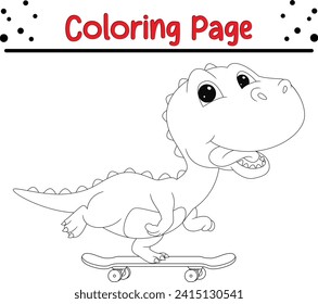 cute dinosaur playing skateboard coloring page for kids. Black and white vector animals for coloring book