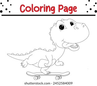cute dinosaur playing skateboard coloring page for kids