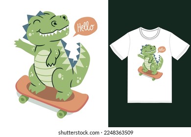 Cute dinosaur playing skateboard illustration with tshirt design premium vector the Concept of Isolated Technology. Flat Cartoon Style Suitable for Landing Web Pages,T shirt, Flyers, Stickers