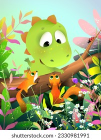 Cute Dinosaur Playing with Squirrels in woods, Kids Story Illustration. Funny baby dino and animals in the forest nature, character design for book. Vector colorful cartoon for children.