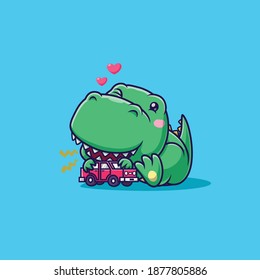 Cute dinosaur playing with toy cars. Dinosaur mascot cartoon character.