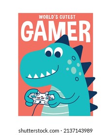 Cute Dinosaurier spielt Videospiel. Vektorgrafik für T-Shirt-Ausdrucke, Poster und andere Verwendungszwecke.