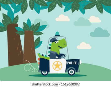 Cute dinosaur policeman riding a police car 