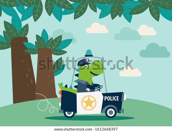 Cute dinosaur\
policeman riding a police car\
