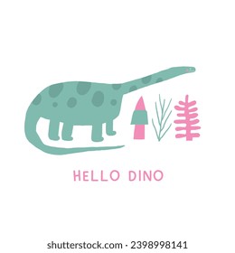 Postal de dinosaurio lindo con dino de doodle dibujado a mano divertido, plantas, diplodocumentos. Portada de la era Jurásica, plantilla, pancarta, afiche, impresión. Extinción del fondo animal para los niños