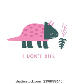 Cute dinosaur postcard with funny hand drawn doodle dino, plants, triceratops. Jurassic era cover, template, banner, poster, print. Extinct animal background for kids