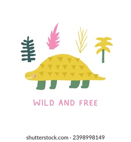 Postal de dinosaurio lindo con dino de doodle dibujado a mano, plantas. Portada de la era Jurásica, plantilla, pancarta, afiche, impresión. Extinción del fondo animal para los niños